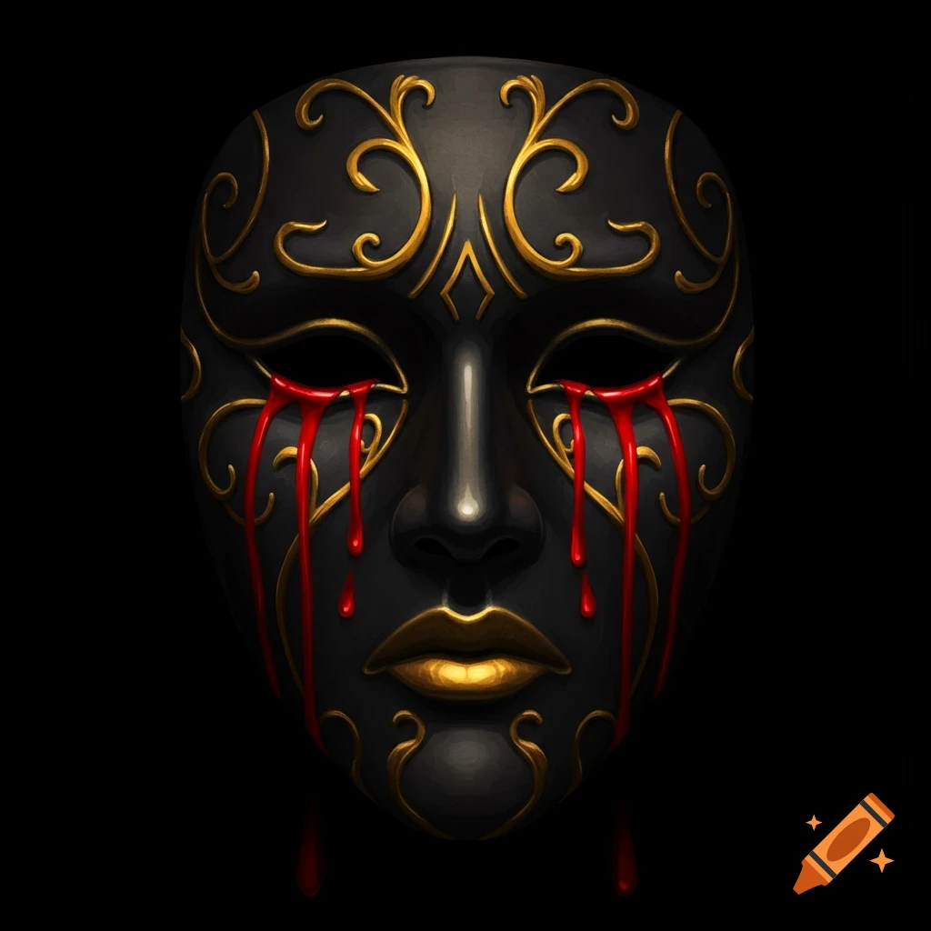 A black mask with gold designs and red tears.
