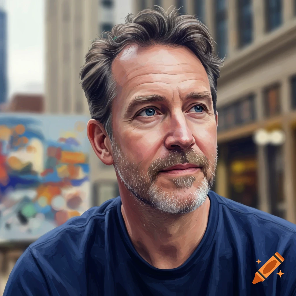 Painting of a man with blue eyes and a beard, looking up, with a blurred city street background.