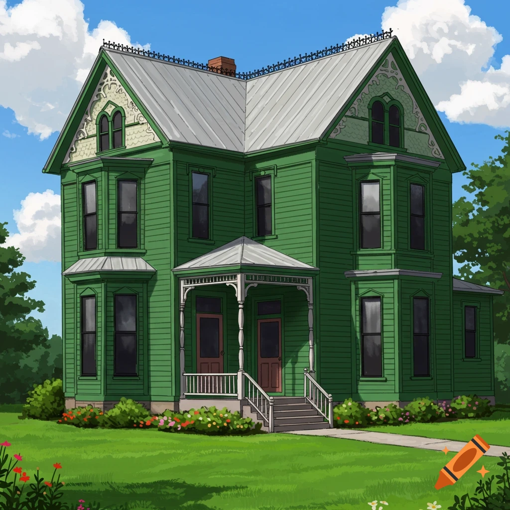 A green 1900s house with black windows, white roof, and porch, surrounded by lawn, bushes, and flowers under a blue sky.