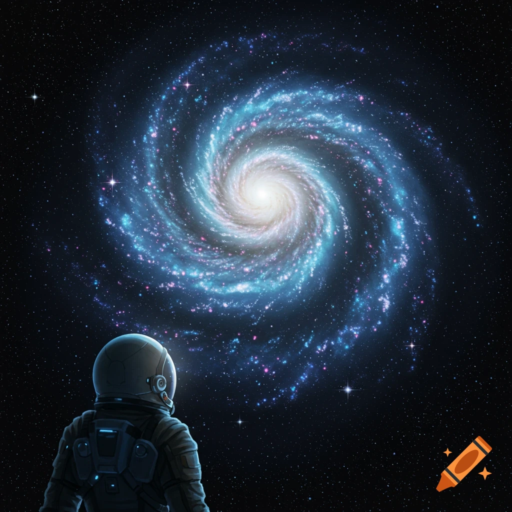 An astronaut looks at a bright spiral galaxy in deep space.