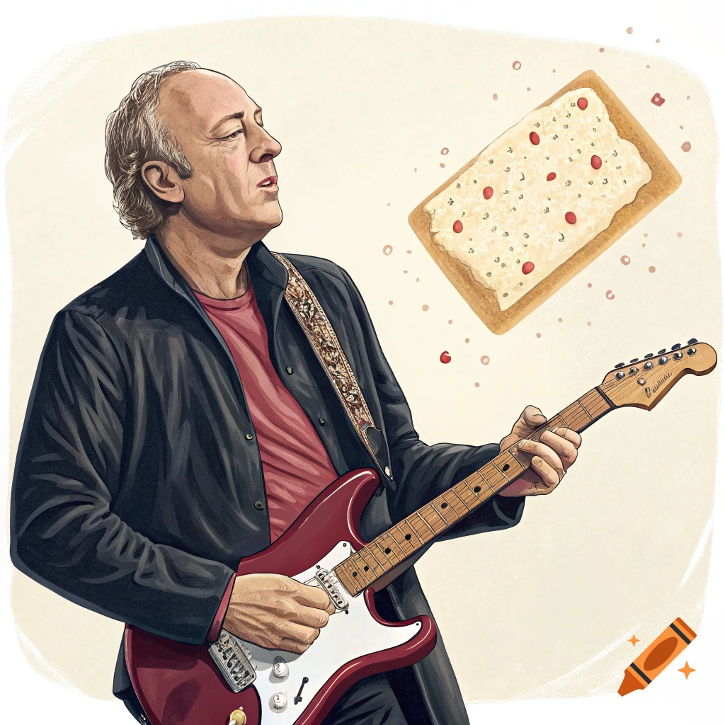 Illustration of a man playing a red guitar while a Pop-Tart floats nearby.