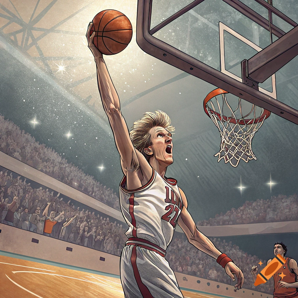 Stylized illustration of a basketball player dunking the ball during a game.