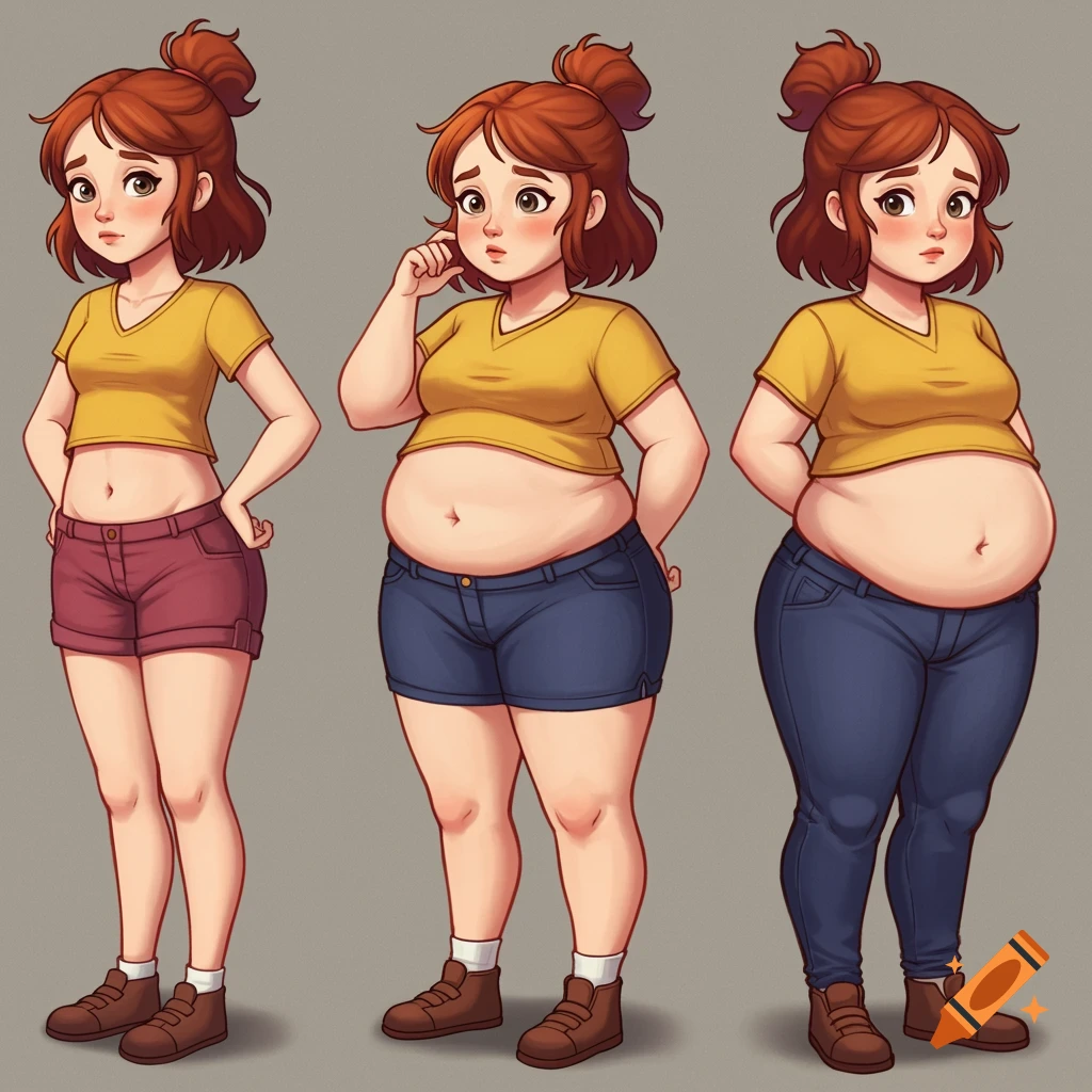 Stylized illustration of a young woman showing progressive weight gain, from slender to plump, in three poses.
