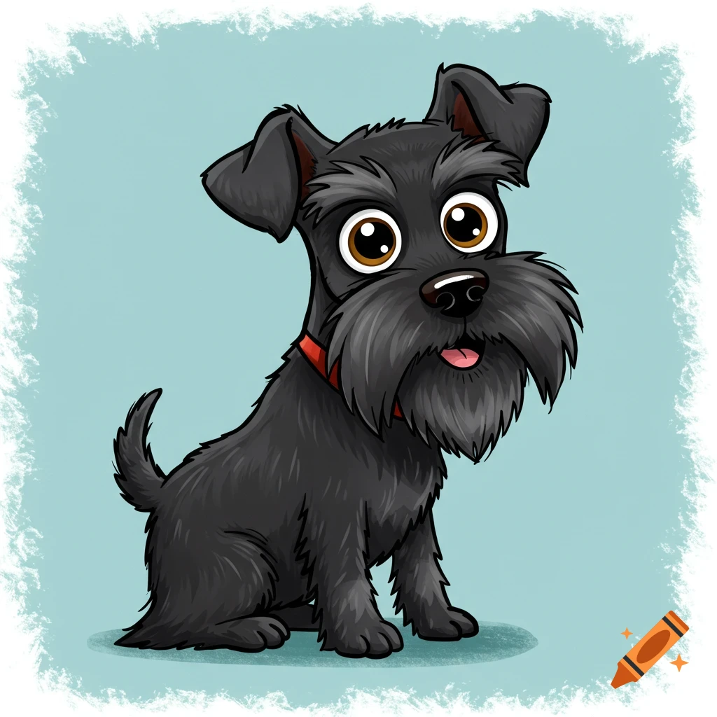 A cartoon illustration of a black mini schnauzer dog with a red collar sitting and looking forward.