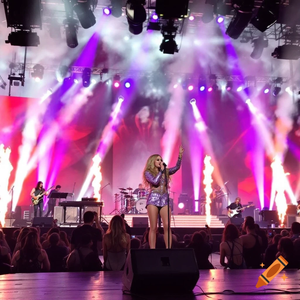 Woman singing on stage at a concert with bright purple lights, band, and audience