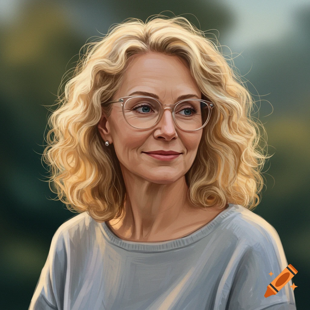 A middle-aged woman with blonde curly hair and clear glasses is looking aside.