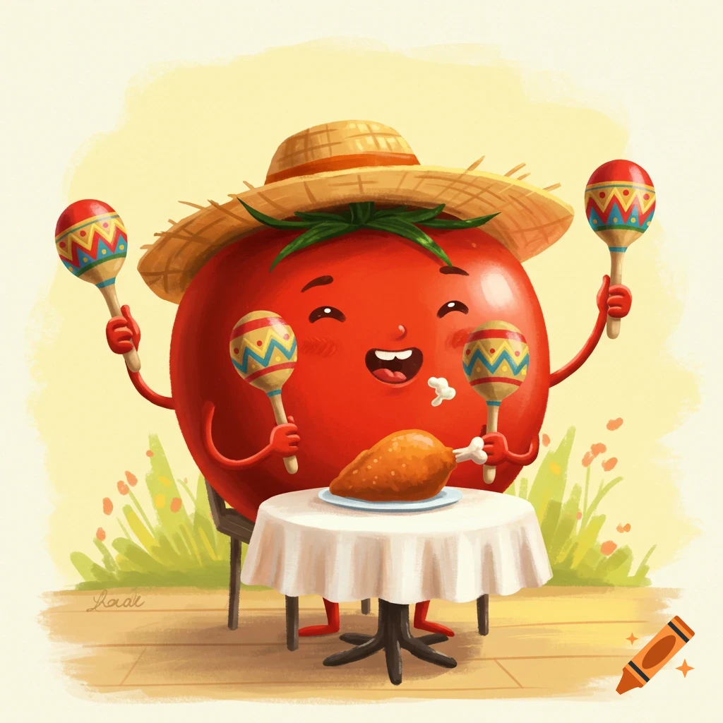 A cartoon tomato character wearing a straw hat, holding maracas, and sitting at a table with a roasted chicken.