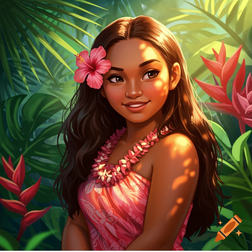 A young Samoan woman is in a tropical setting. She has a hibiscus flower in her hair and is wearing a pink dress.