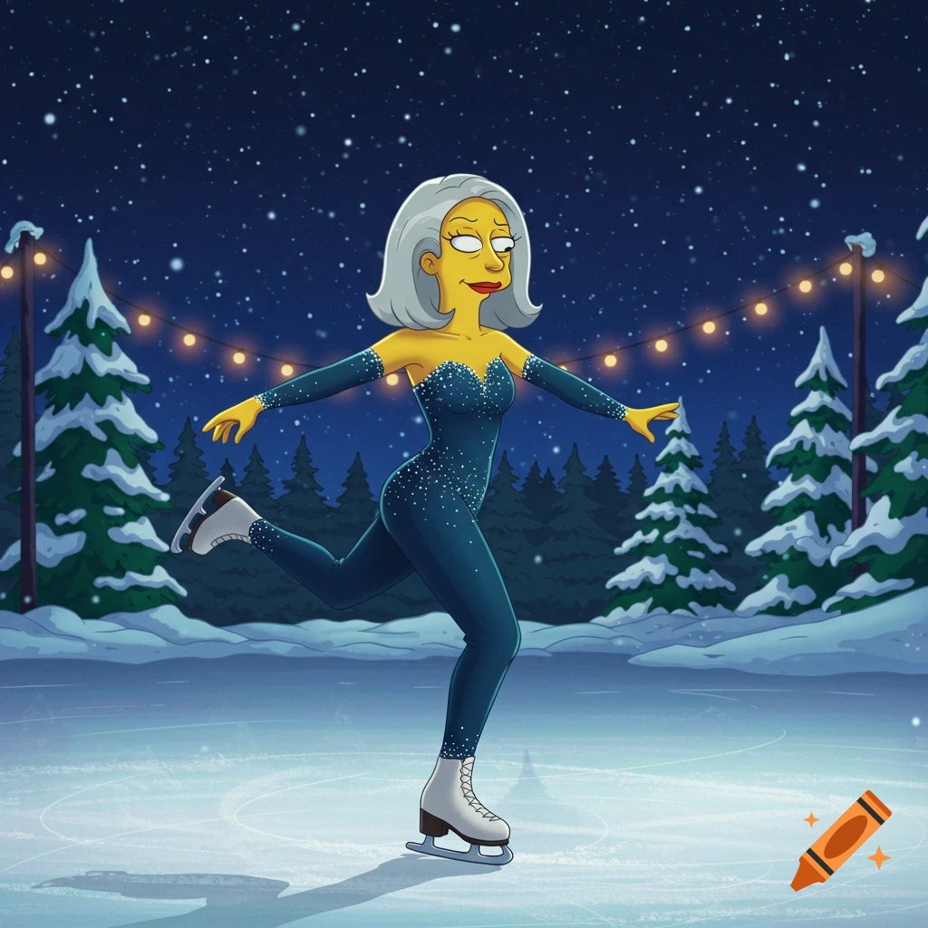 A woman in the style of The Simpsons wearing a blue skating dress ice skating outdoors at night in a snowy scene.