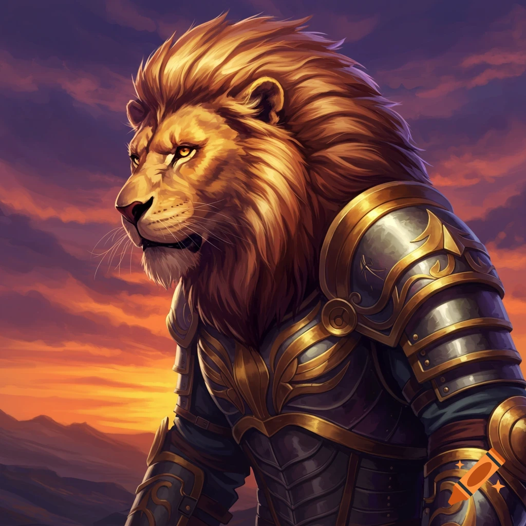 A lion in golden armor at sunset