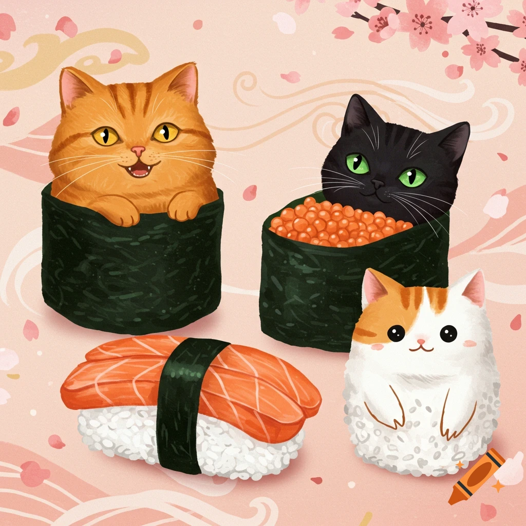 Cute cats depicted as sushi rolls.
