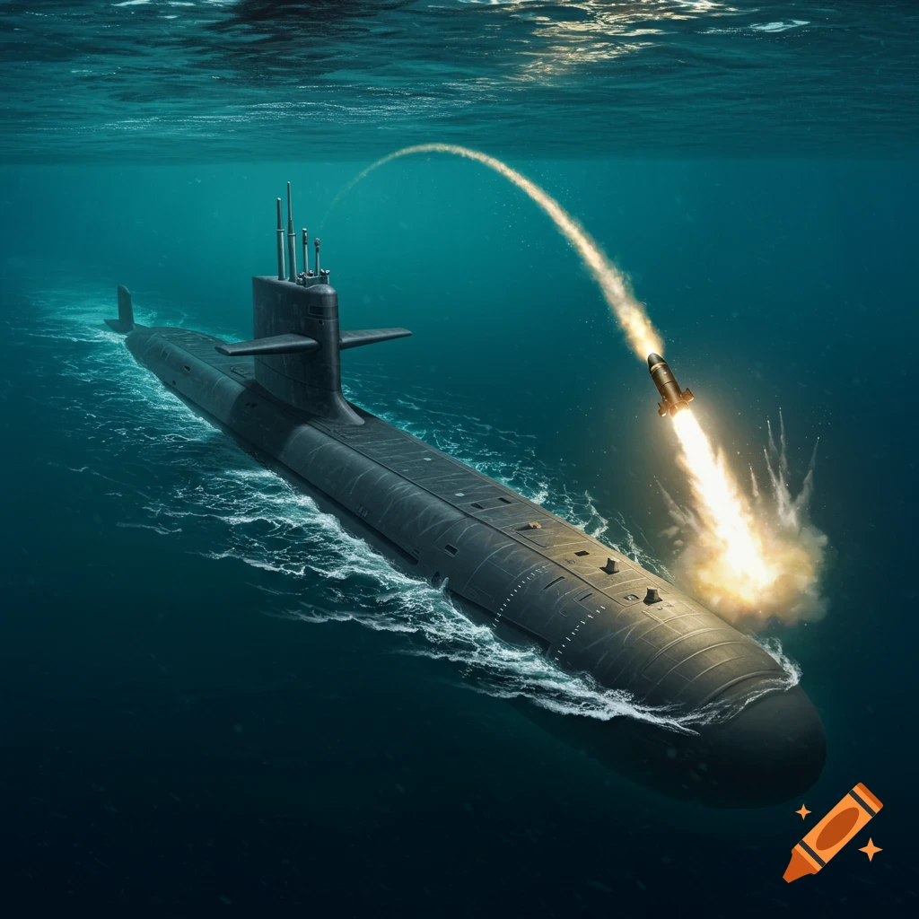 A submarine launches a missile while submerged in the ocean.