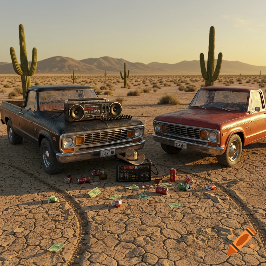 Photorealistic image of two old pickup trucks parked in a desert with a boombox, scattered cans and money, cactuses, and mountains.