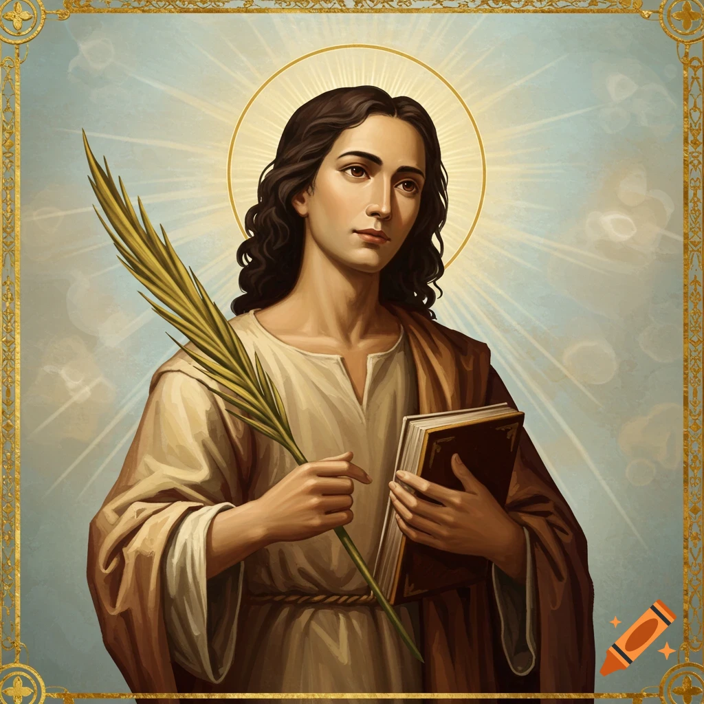 Image of a saint holding a book and palm leaf, with a halo and decorative gold border.
