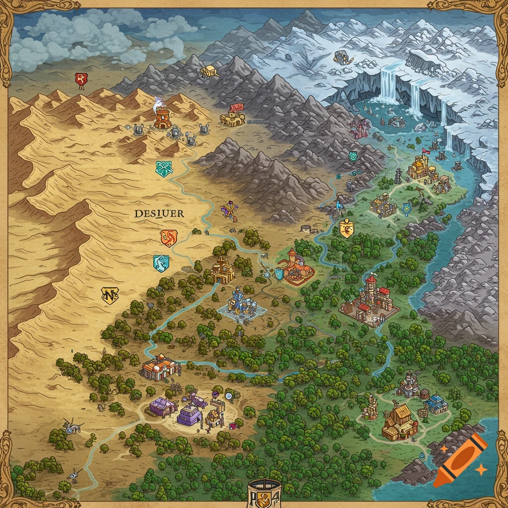 Detailed fantasy RPG map showing desert, forest, ice, castles, and settlements.