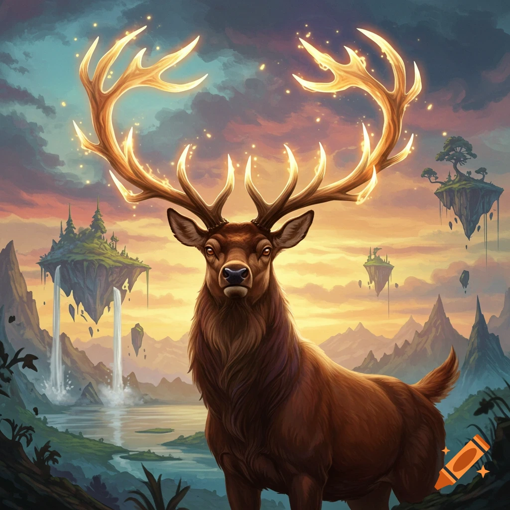 A large deer with glowing antlers stands in a fantasy landscape with floating islands and waterfalls at sunset.