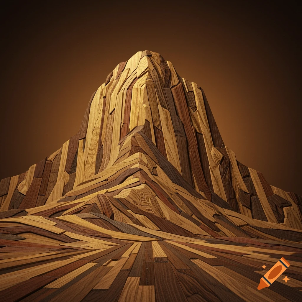 A mountain-like formation made of overlapping wood planks.