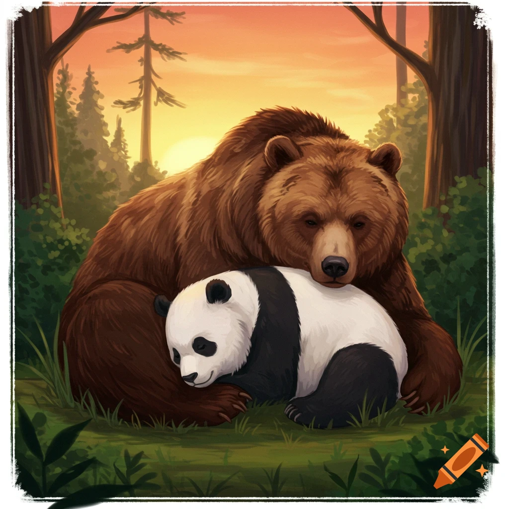 Grizzly bear and panda bear sleeping together in a forest at sunset.