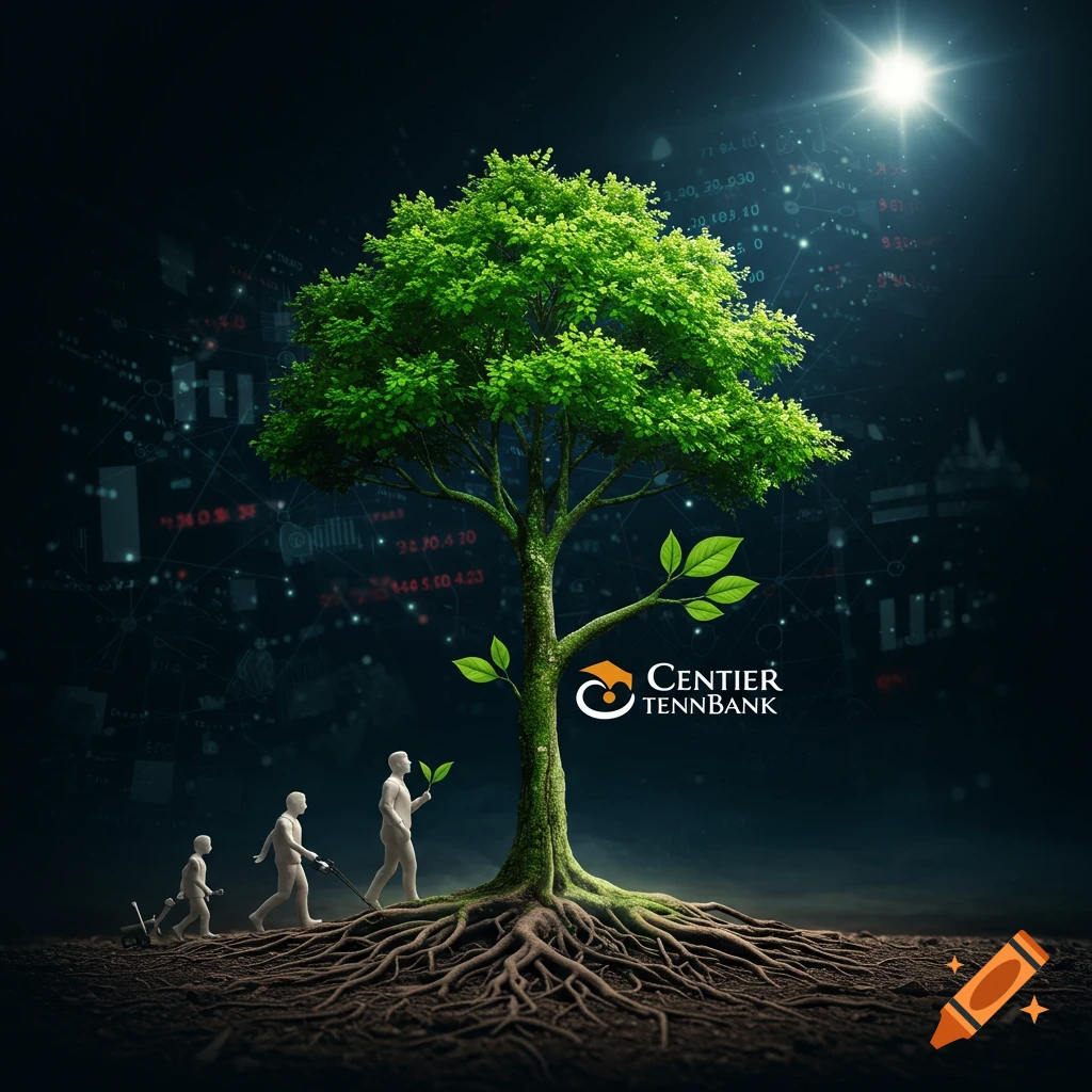 Conceptual image of small figures evolving towards a large tree with exposed roots, set against a dark background with data elements and a bank logo.