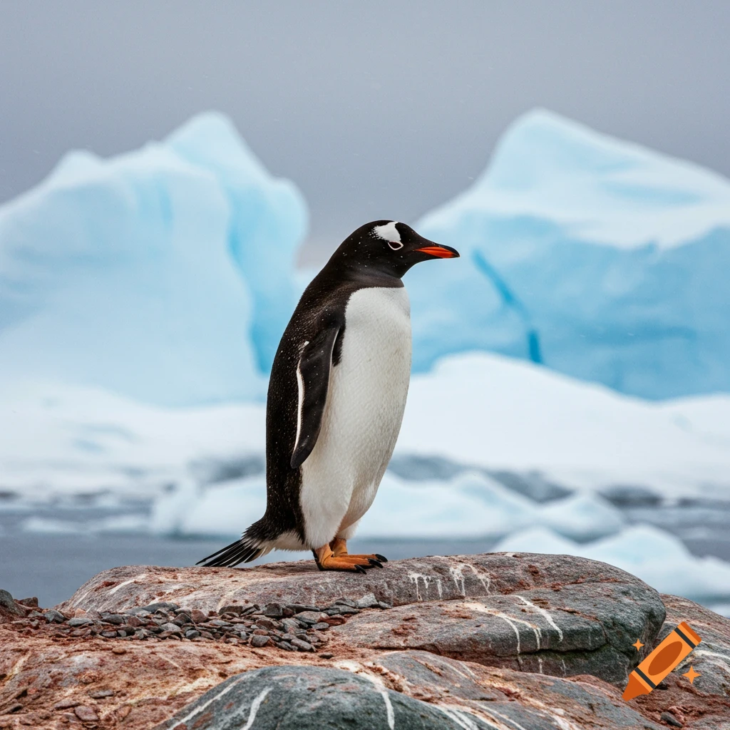 A gentoo penguin stands on a rock with icebergs in the background.