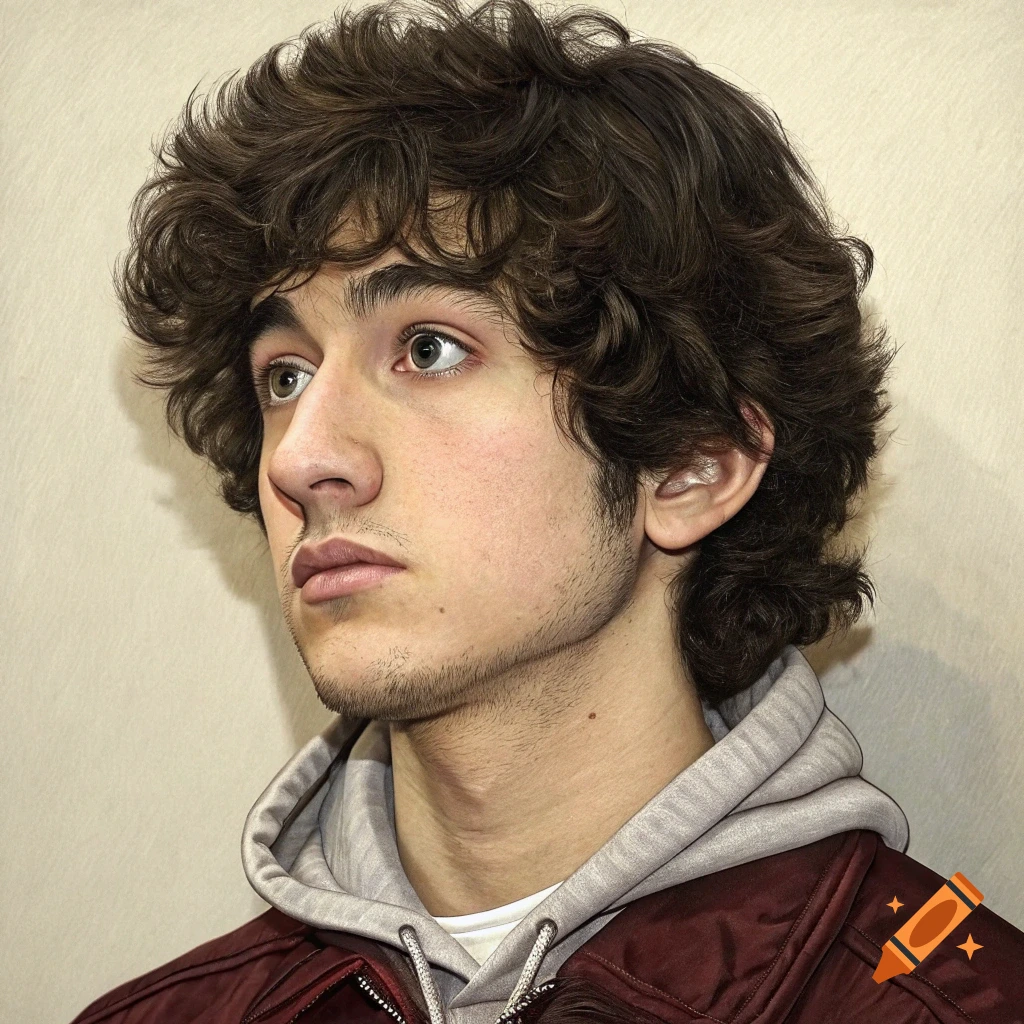 Photorealistic portrait of a young man with curly brown hair looking upwards.