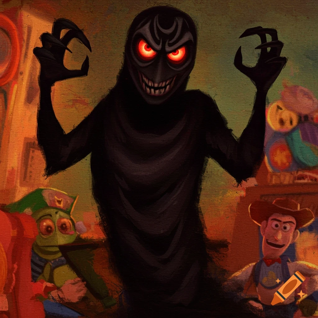A menacing black shadowy figure with red eyes and sharp teeth stands over cartoon characters Woody and a green creature in a painted style.