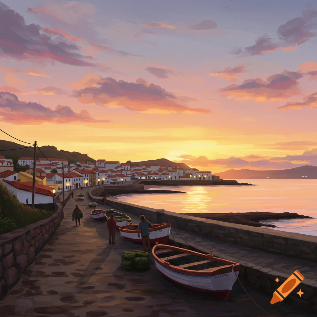 A coastal village at golden hour with boats and people along a path