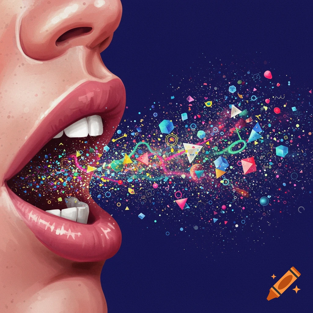 A mouth speaks colorful abstract shapes and particles against a dark background.