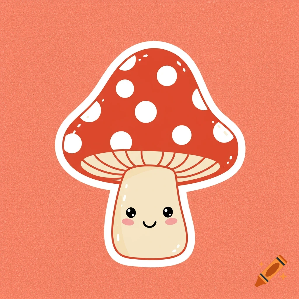 Cute cartoon mushroom sticker with red cap and white spots on a coral background.