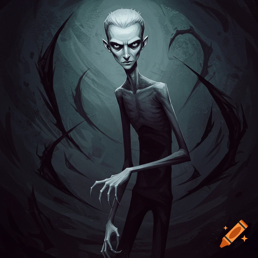 A gaunt, pale figure with sharp features and long fingers stands in a dark, shadowy setting.
