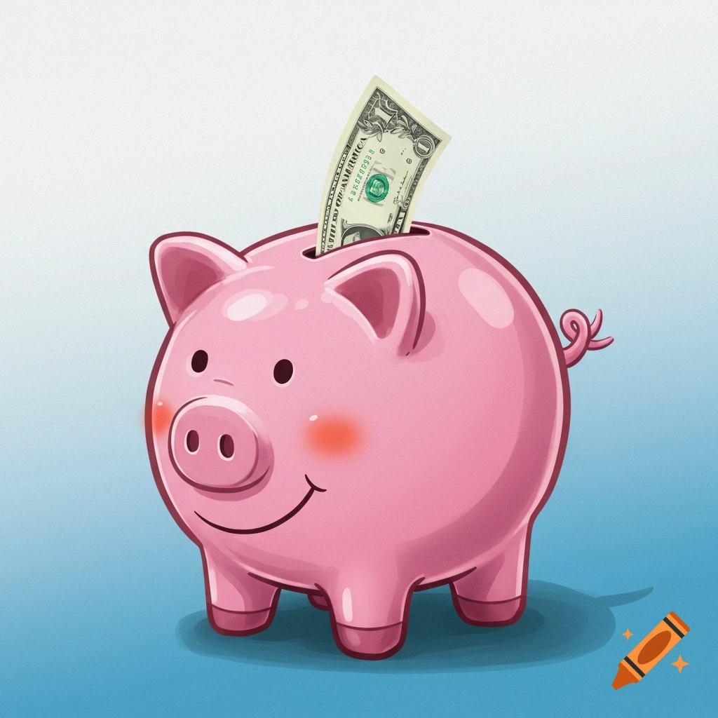 A cartoon pink piggy bank with a dollar bill inserted into the slot.