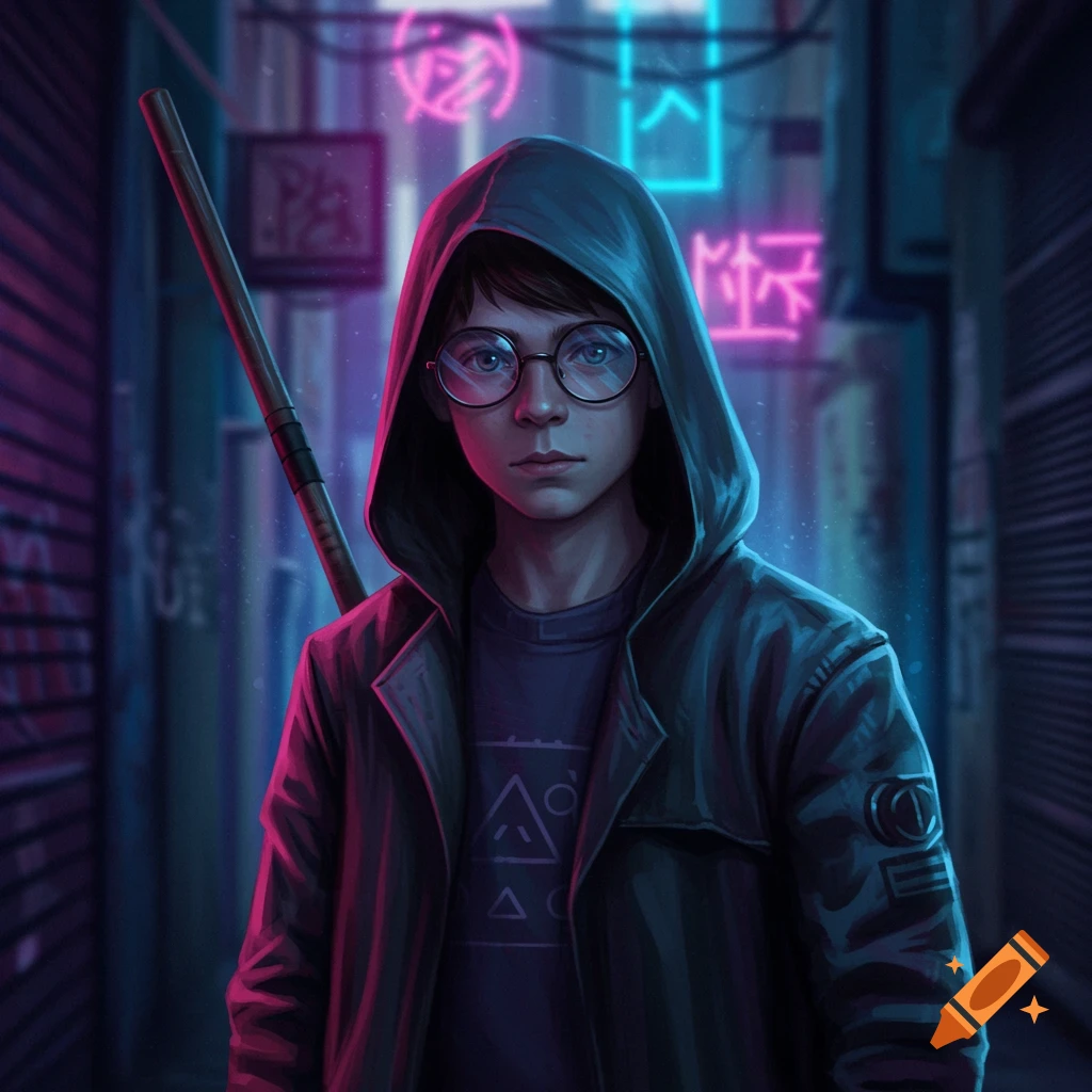 A young man with glasses and staff in a cyberpunk alley with neon signs.