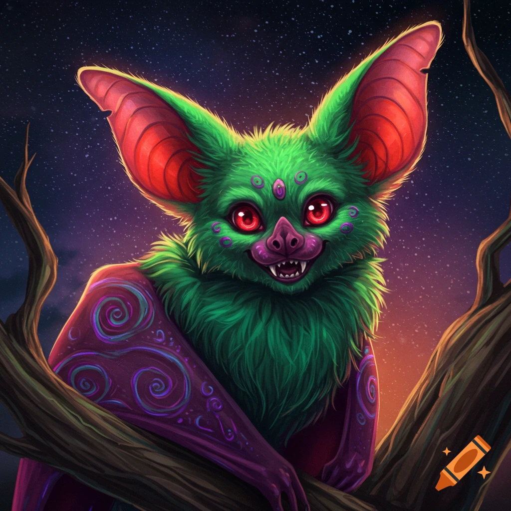 A vibrant green and purple stylized bat with red eyes perched on a branch against a starry night sky.