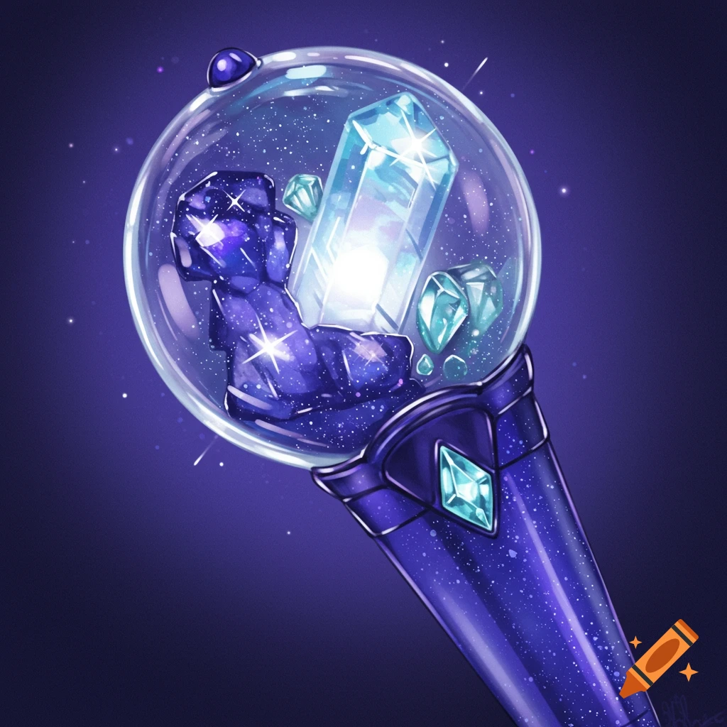 A magical lightstick holding glowing crystals and a starry sky pattern.