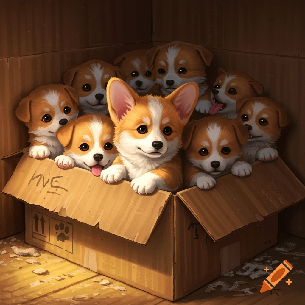 A box full of cute corgi puppies peeking out.