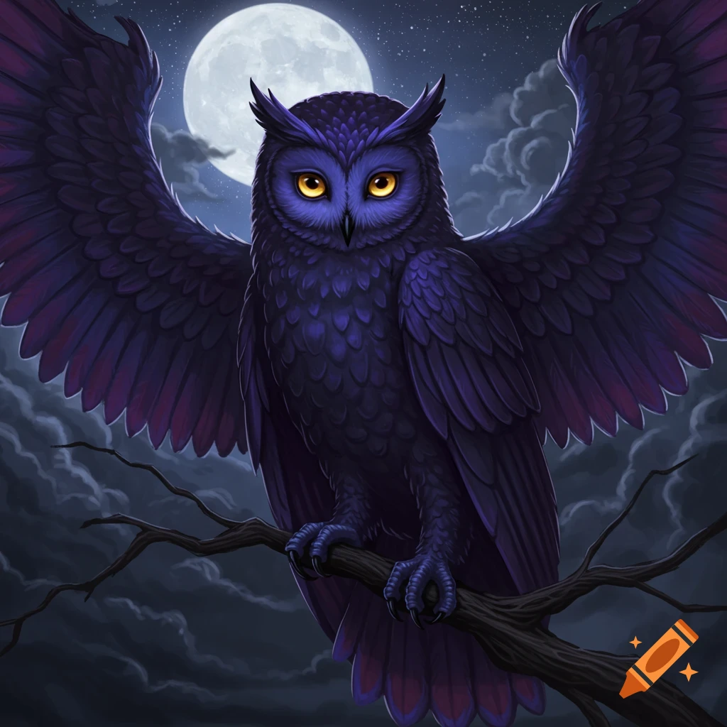 A dark purple and blue owl with outstretched wings perched on a branch under a full moon at night.
