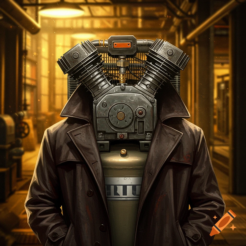 An anthropomorphic air compressor wearing a coat is in an industrial setting.