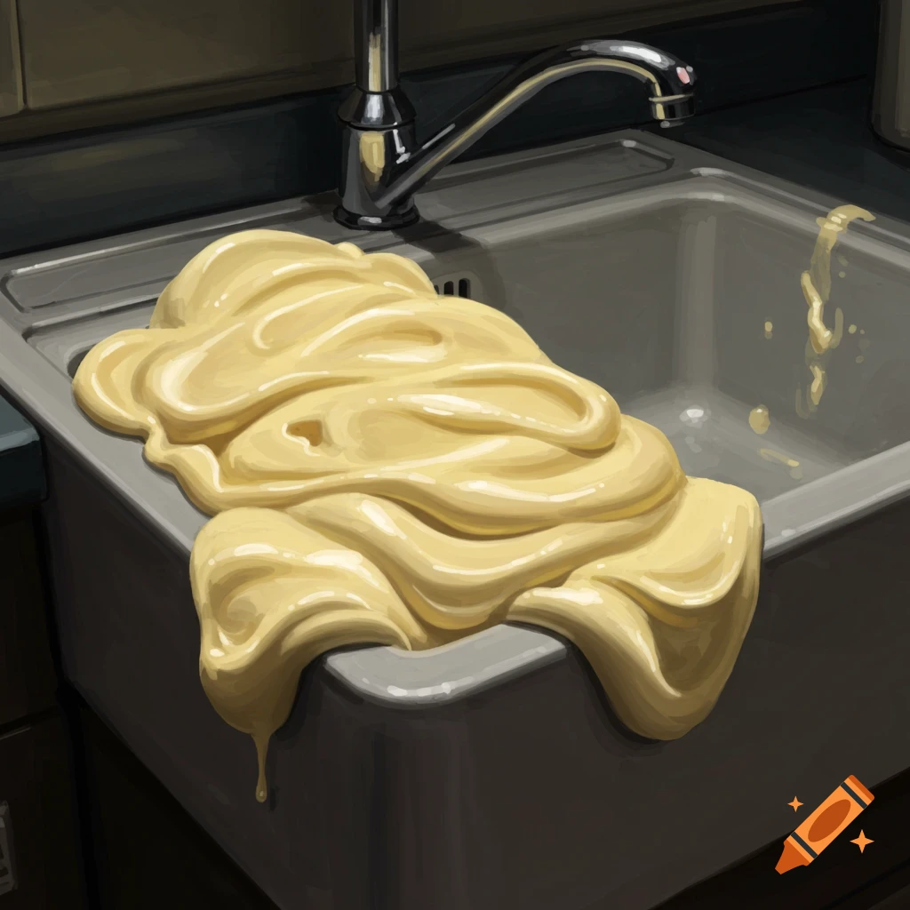 A kitchen sink overflowing with mayonnaise.