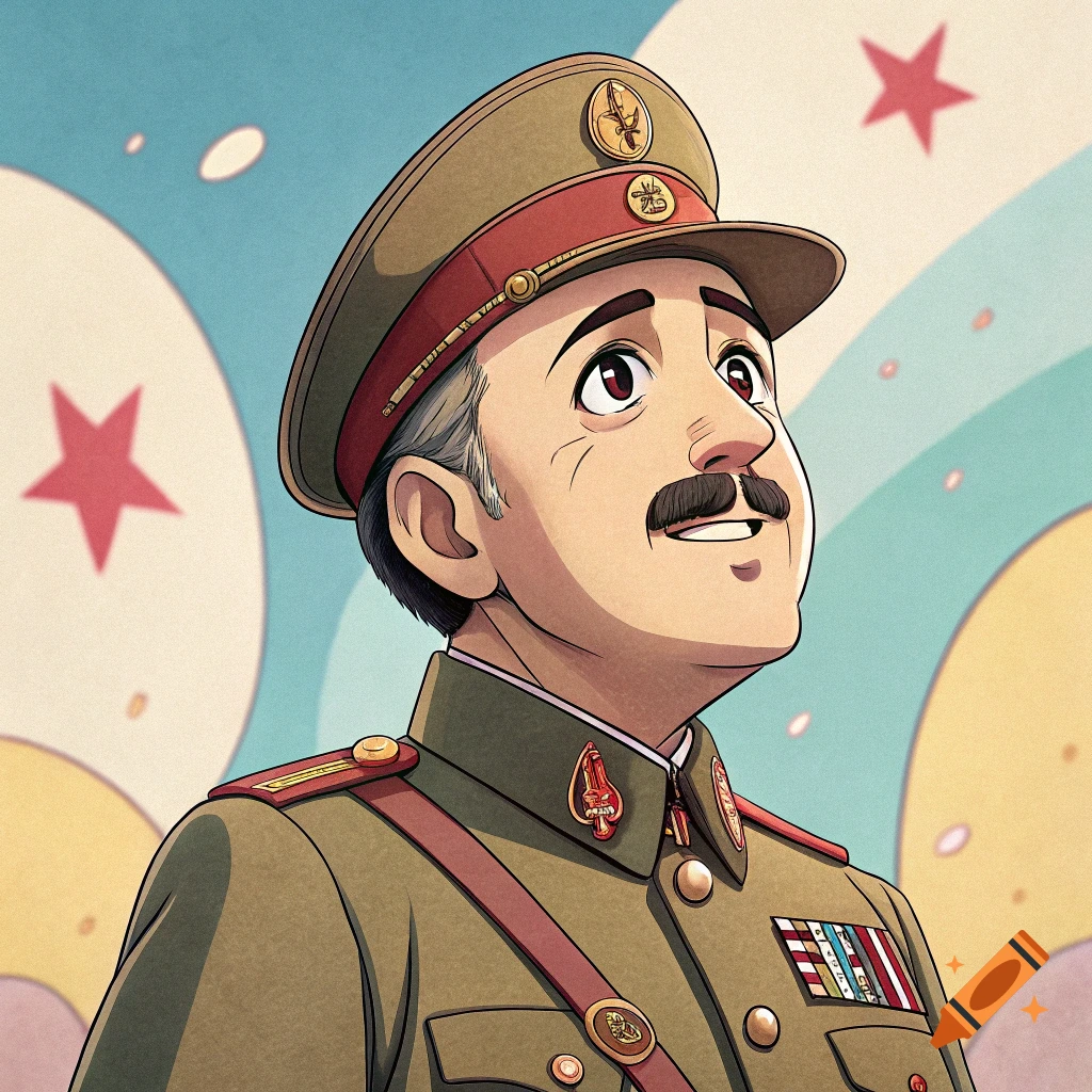 Anime style portrait of a man in military uniform looking up, with stars in the background.