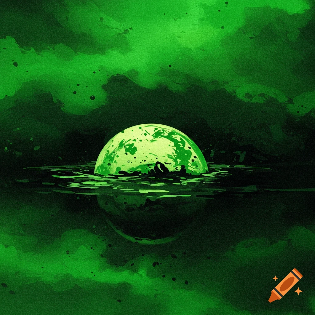 Bright green sphere in dark liquid under swirling green clouds.