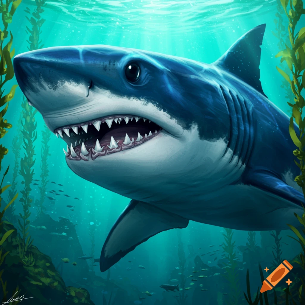 A shark swimming underwater among seaweed.