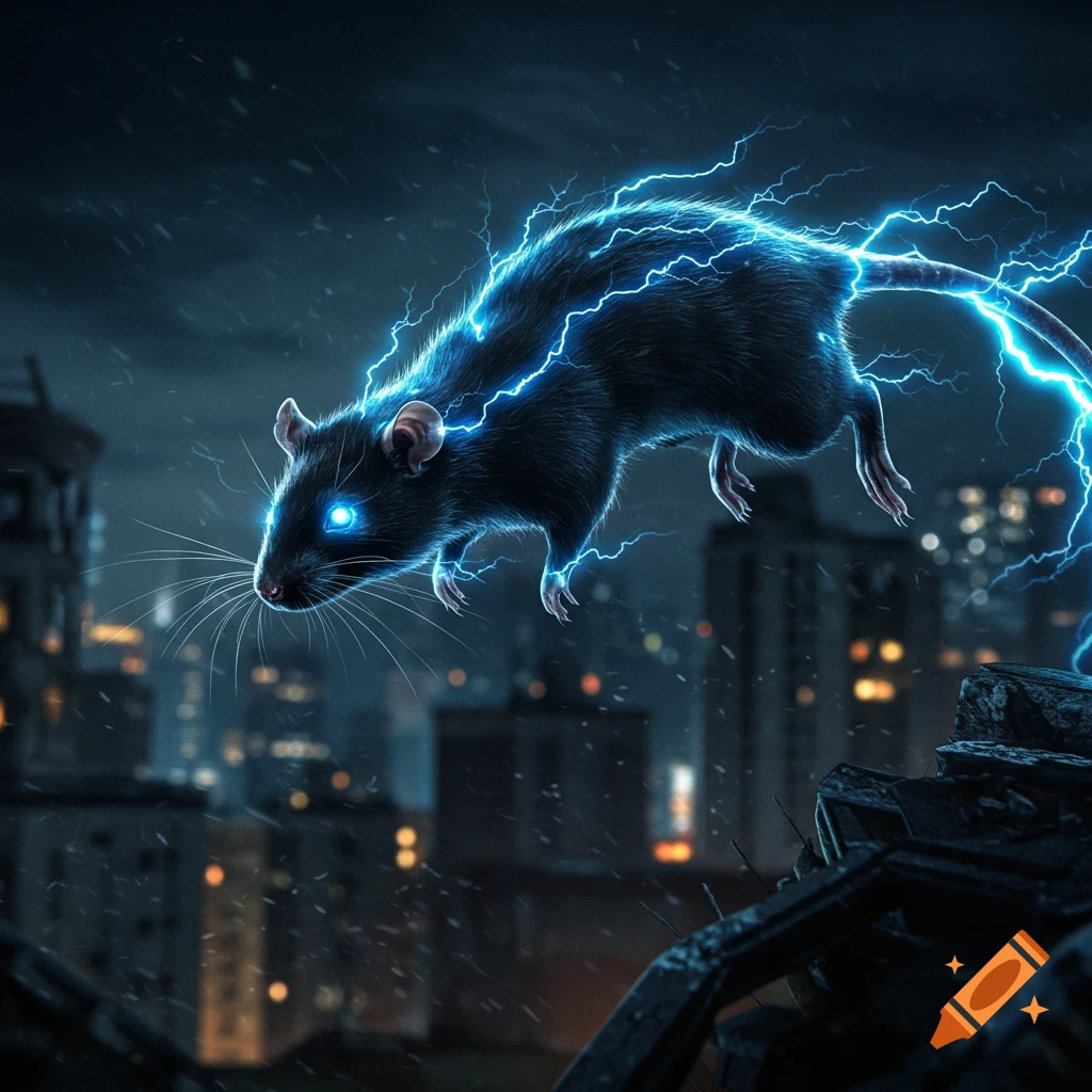 A rat crackling with blue lightning leaps over a dark city.
