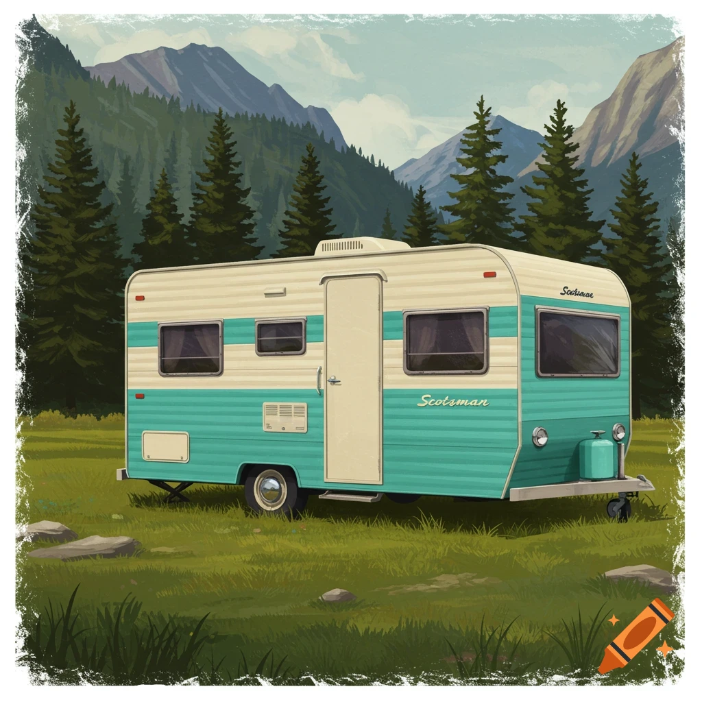 A vintage Scotsman camper is parked in a grassy field with mountains and trees in the background.