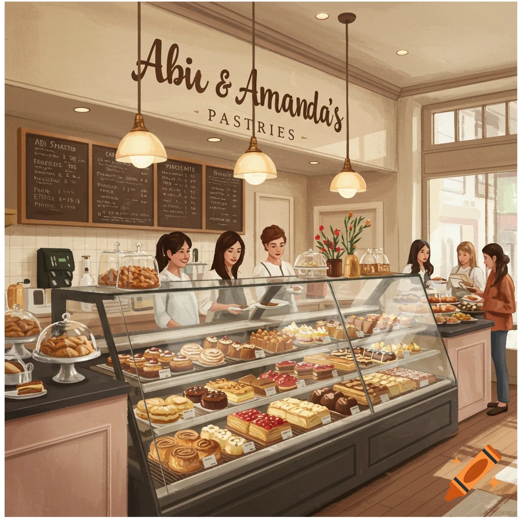A busy pastry shop with people behind the counter and display cases of pastries.