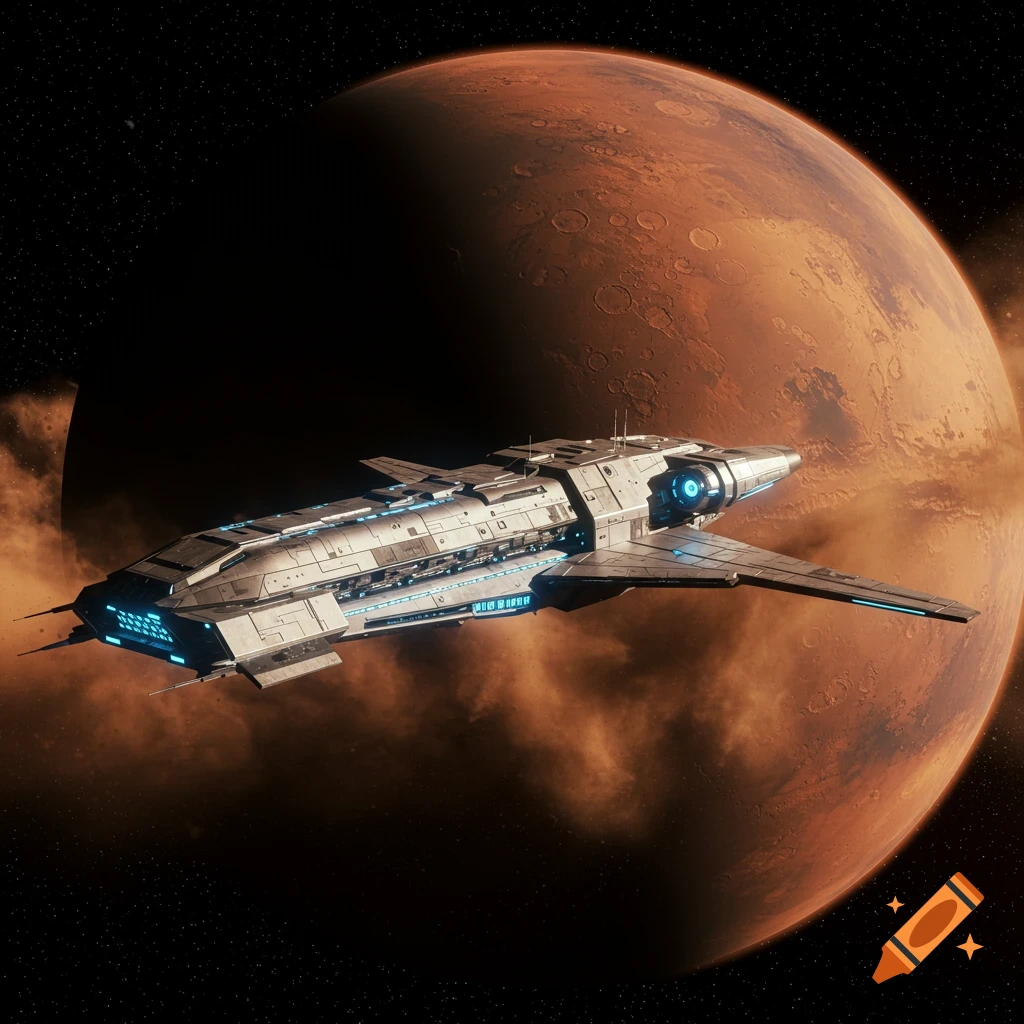 A sleek modern spaceship orbiting Mars.