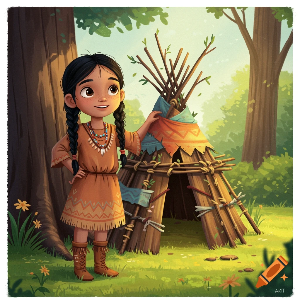 A Native American girl with braids stands next to a small teepee in a forest clearing in a storybook illustration style.