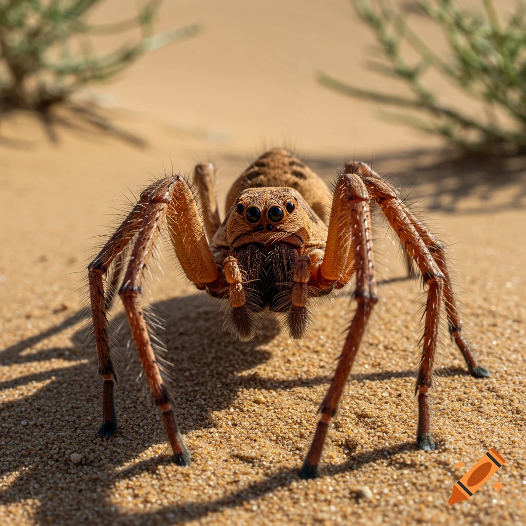 Close-up photorealistic photo of a spider on sand