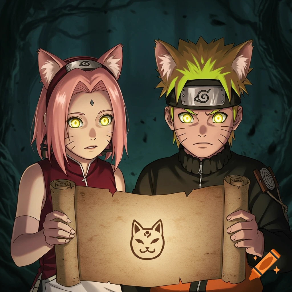Anime style image of Naruto and Sakura with cat ears and glowing eyes holding a scroll with a cat symbol.