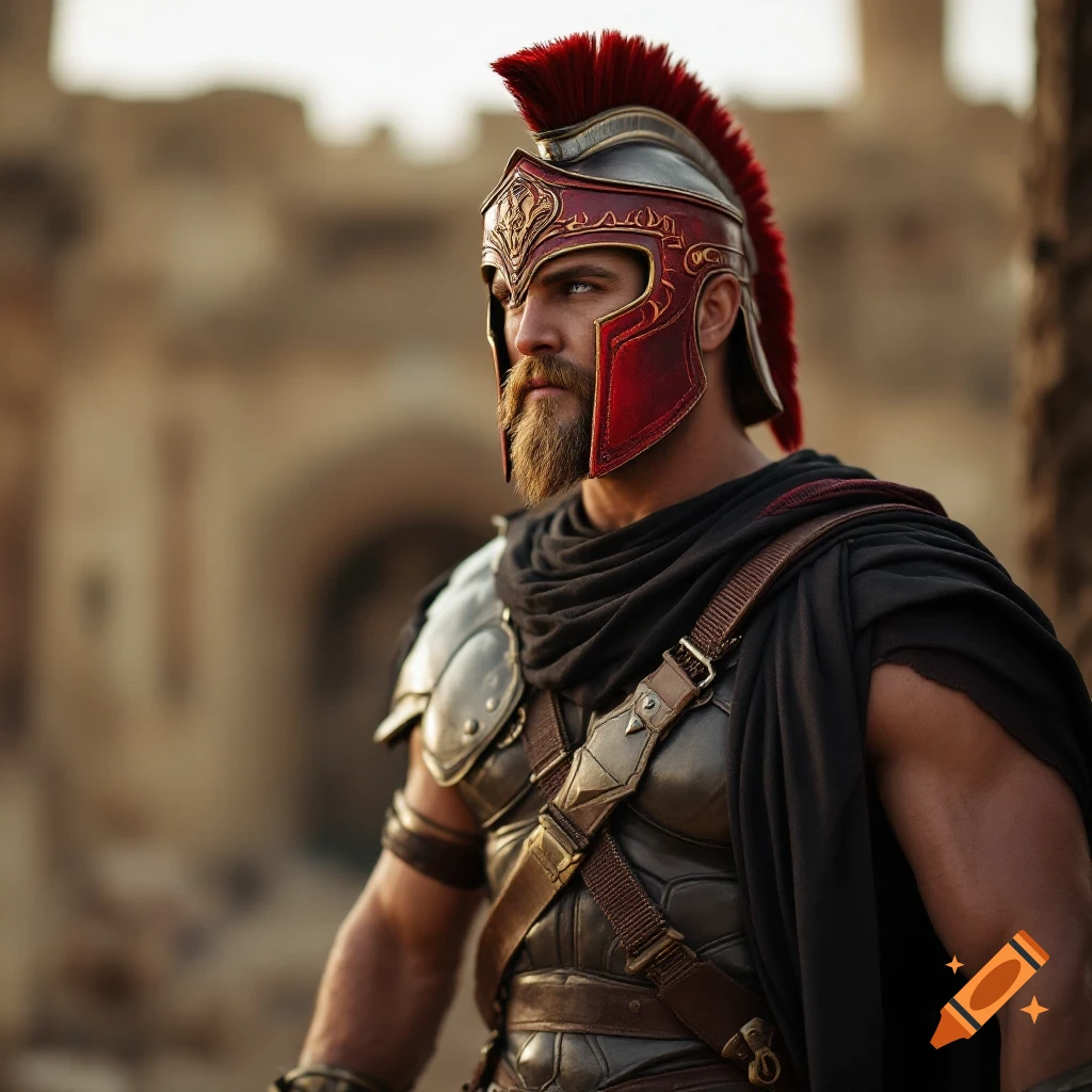 Man in ornate red and gold Gladiator armor with a beard, outdoors.
