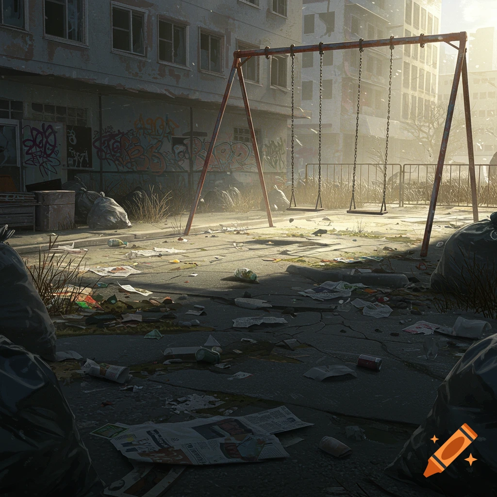 Abandoned city playground covered in trash with an old swing set and graffiti on buildings.